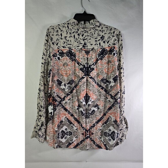 Style & Co 1x Beige wLeafy Navy Print and A Party In The Back! Button Up Blouse - Picture 3 of 9